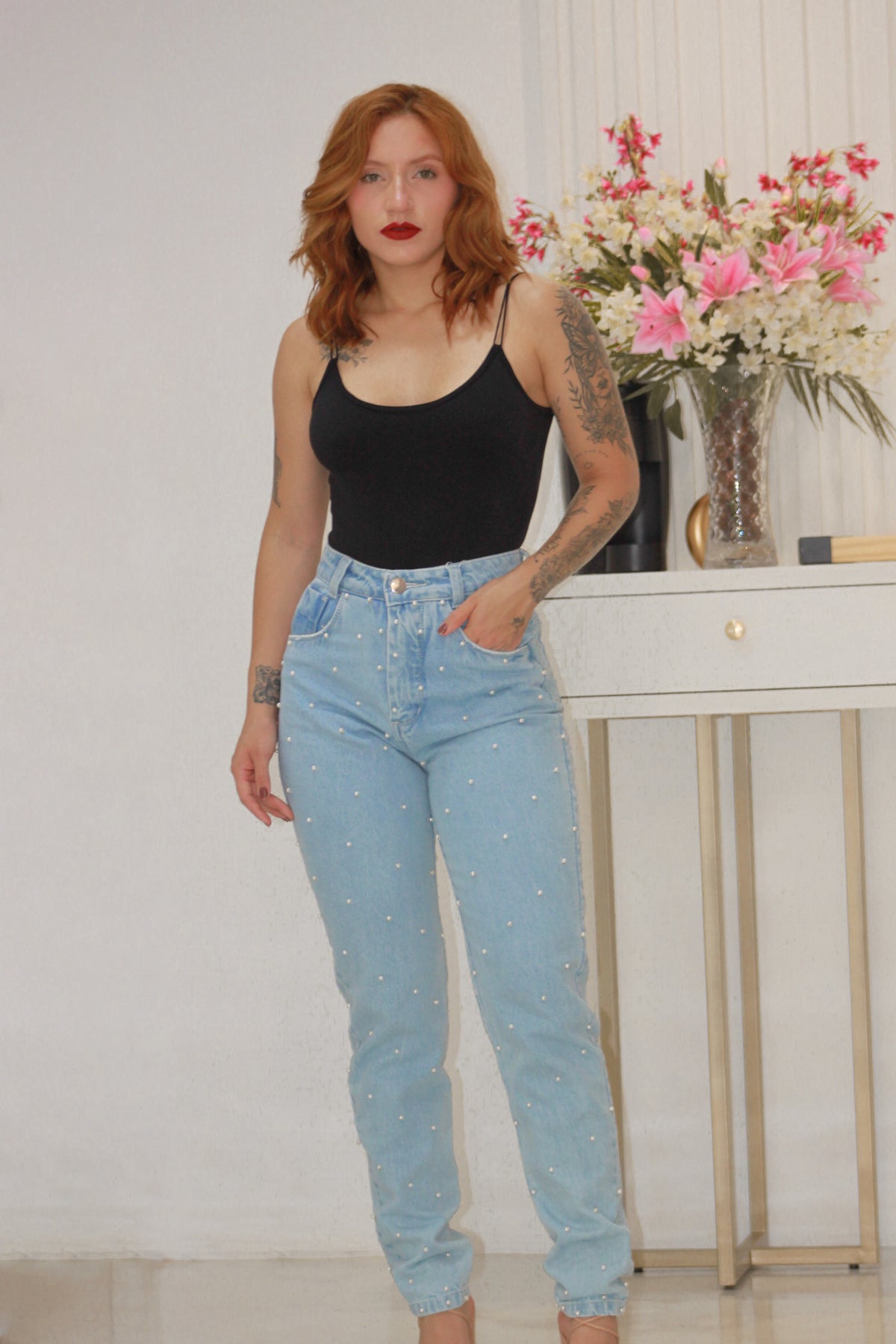 Calça Jeans Mom Josy com Perolas