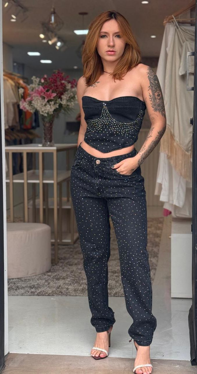 Cropped com Brilho Jeans Preto